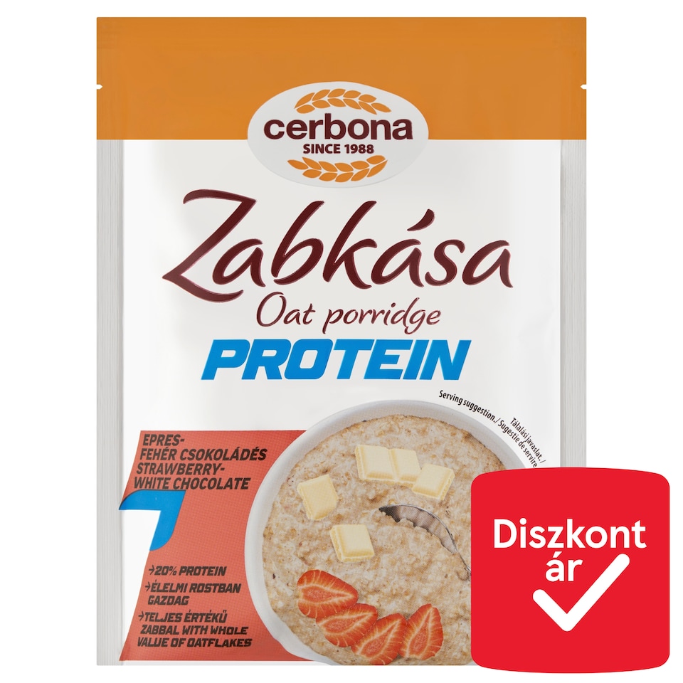Cerbona Protein fehérjében gazdag epres-fehér csokoládés zabkása 60 g
