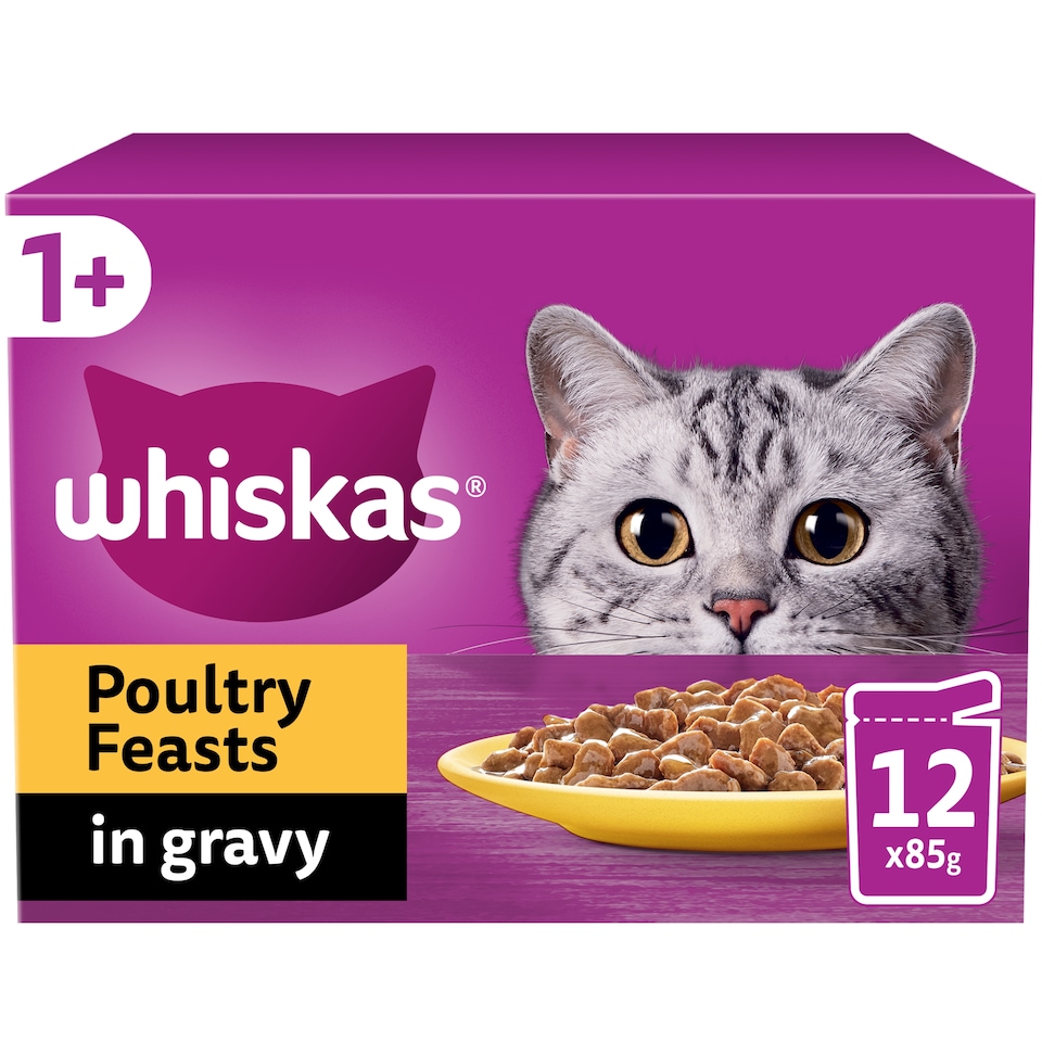 image 1 of Whiskas Adult Cat Food Pouches Poultry Feasts in Gravy 12x85g