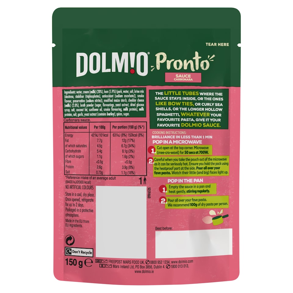 image 1 of Dolmio Microwave Carbonara Pasta Sauce Pouch 150g 