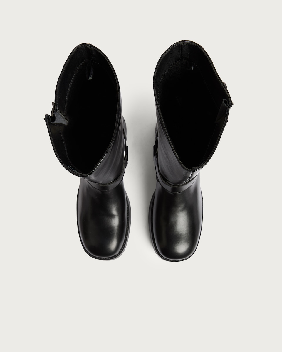 image 1 of F&F Faux Leather Biker Buckle Boots in Black