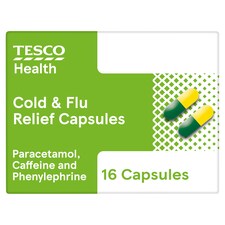 Tesco Health Cold & Flu Relief Capsules - Paracetamol, Caffeine, Phenylephrine 16s