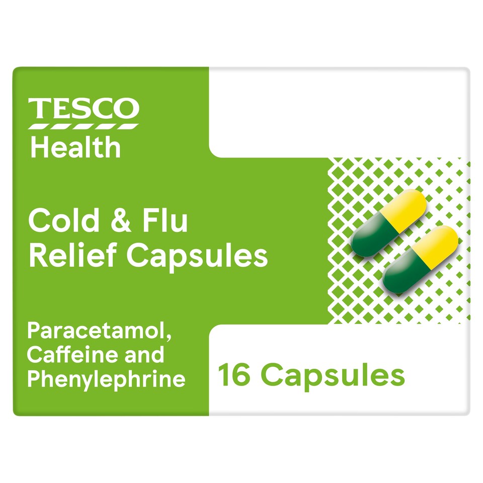 Tesco Health Cold & Flu Relief Capsules - Paracetamol, Caffeine, Phenylephrine 16s
