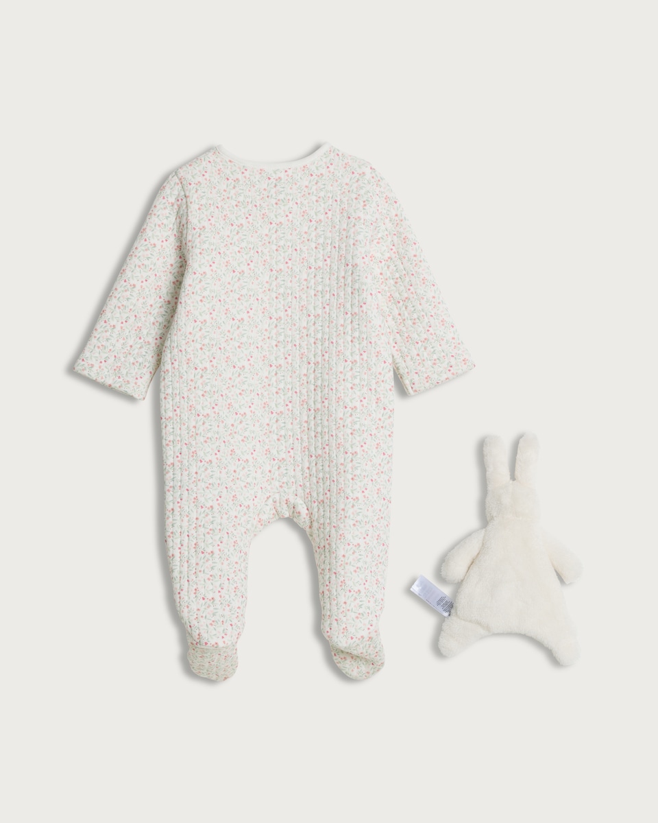 image 1 of F&F Baby Pure Cotton Quilted Sleepsuit and Bunny Comforter in Pink