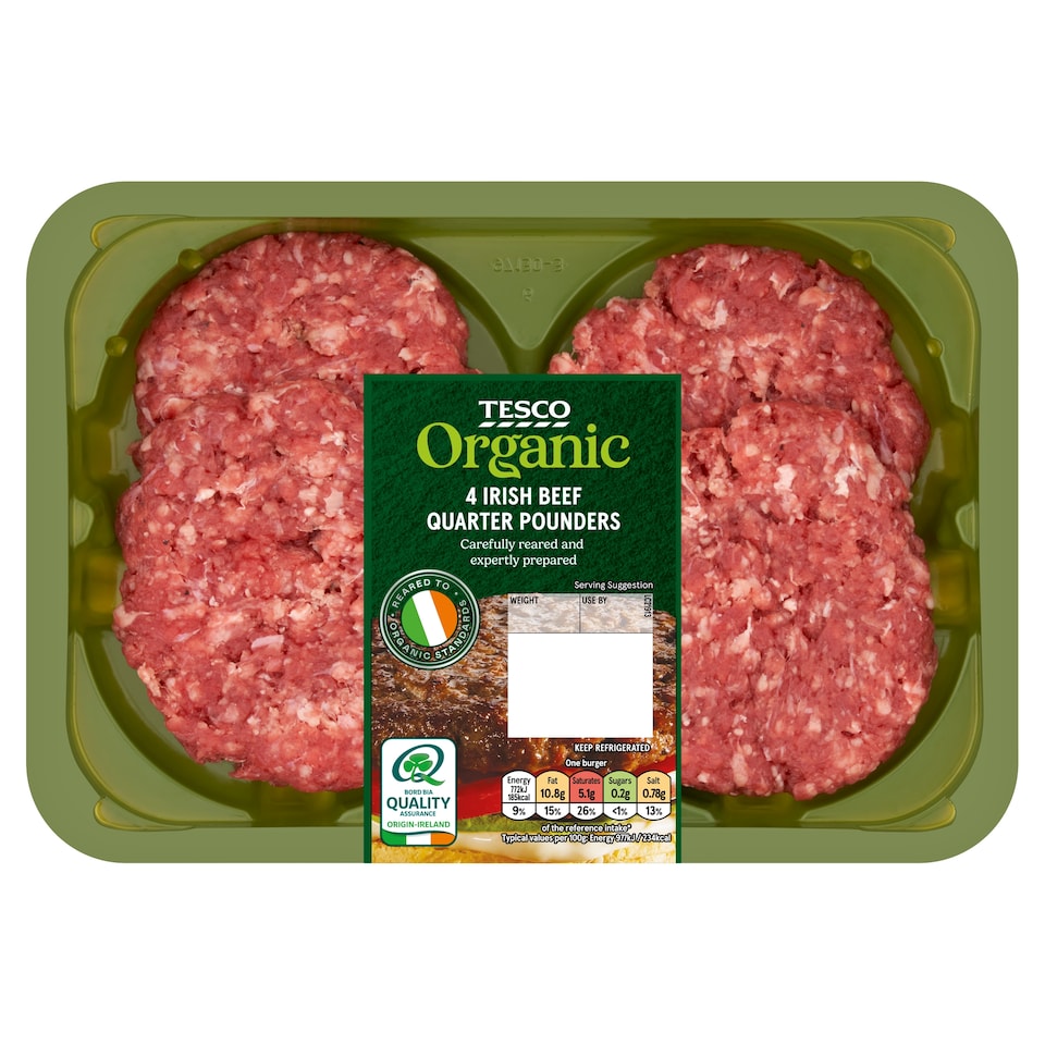 Tesco Organic 4 Irish Beef Quarter Pounders 454G