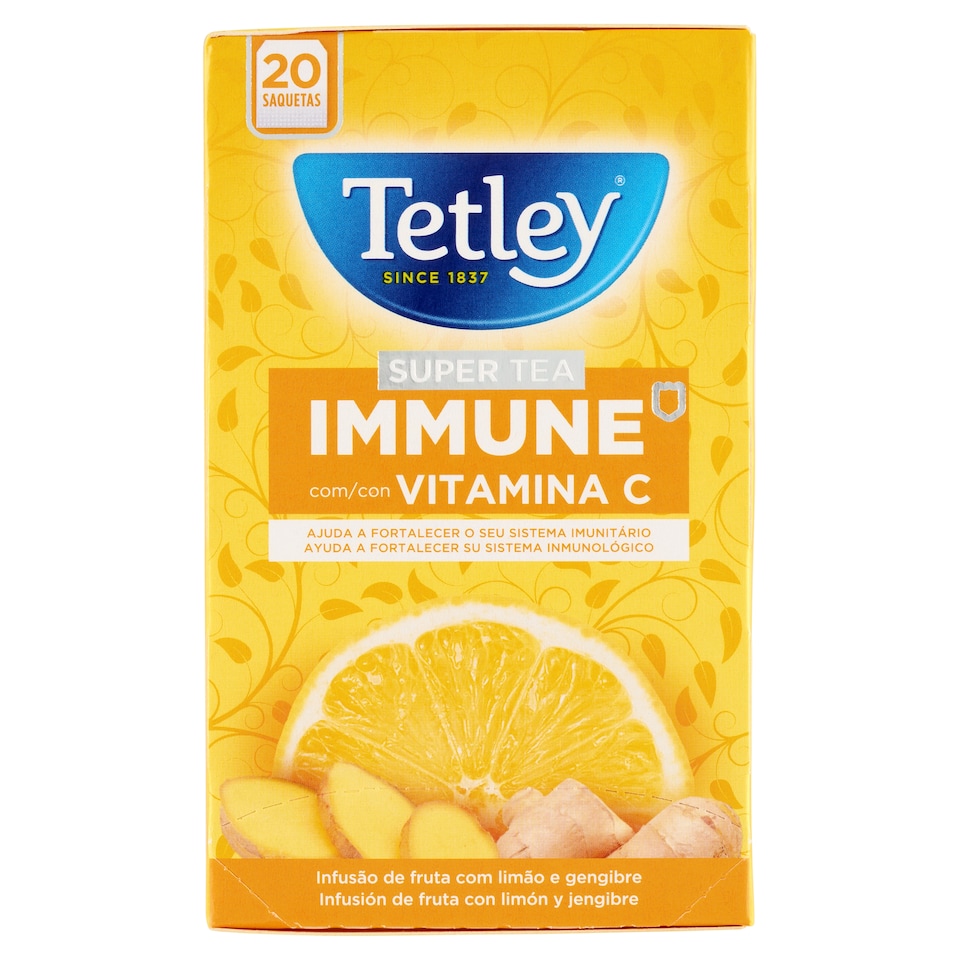 Tetley Immune Fruit Tea with Vitamin C, Lemon and Ginger Flavor 20 Tea Bags 40 g