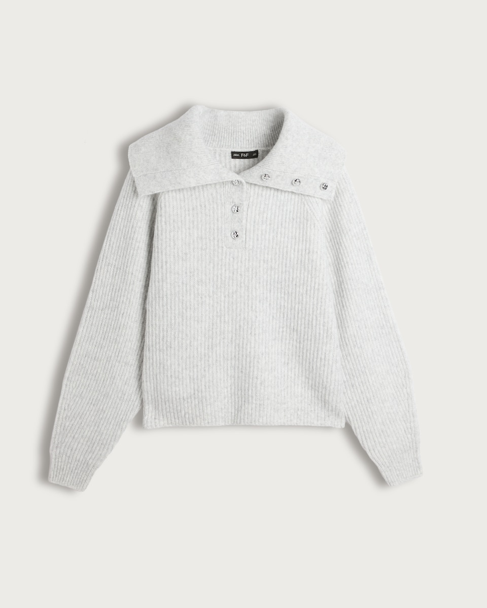 F&F Ribbed Knit Button Collar Jumper with Wool in Grey