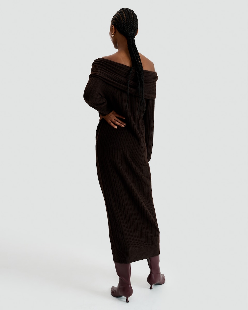 image 1 of F&F Ribbed Knit Bardot Midi Dress with Wool in Brown