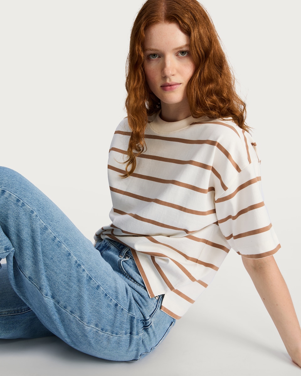 image 1 of The F&F Edit Pure Cotton Striped Boxy Fit T-Shirt in Multi Brown