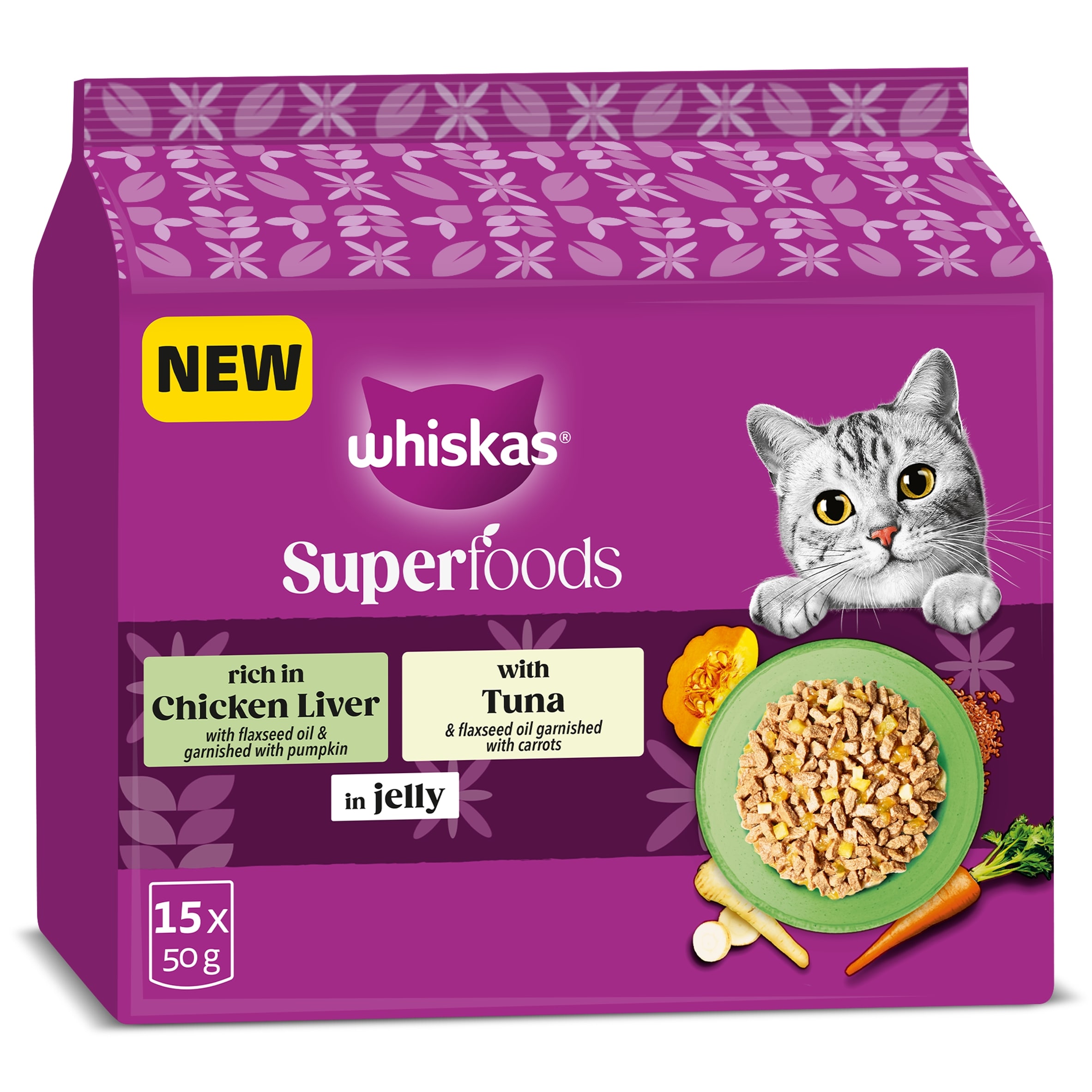 WHISKAS 1+ SUPERFOODS MIXED Selection Wet Cat Food Pouches in Jelly 15 x 50g