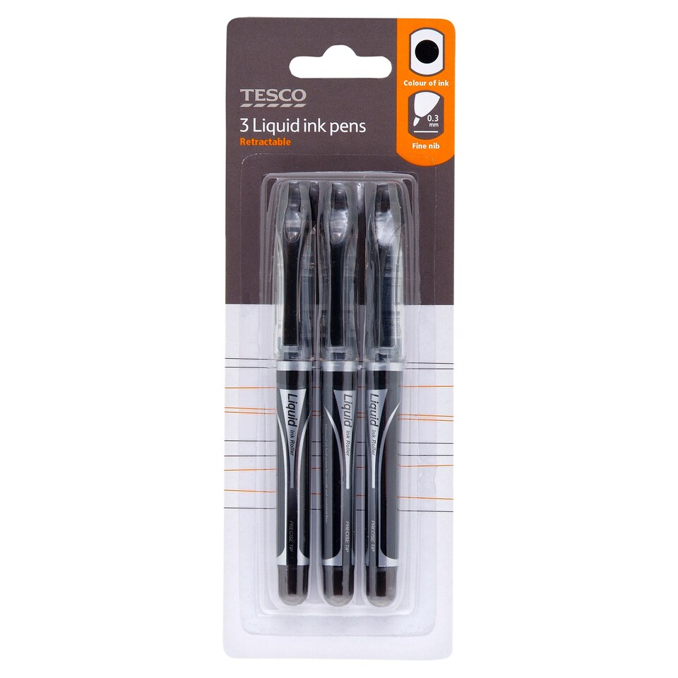 Tesco Liquid Ink Pens Black 3 Pack