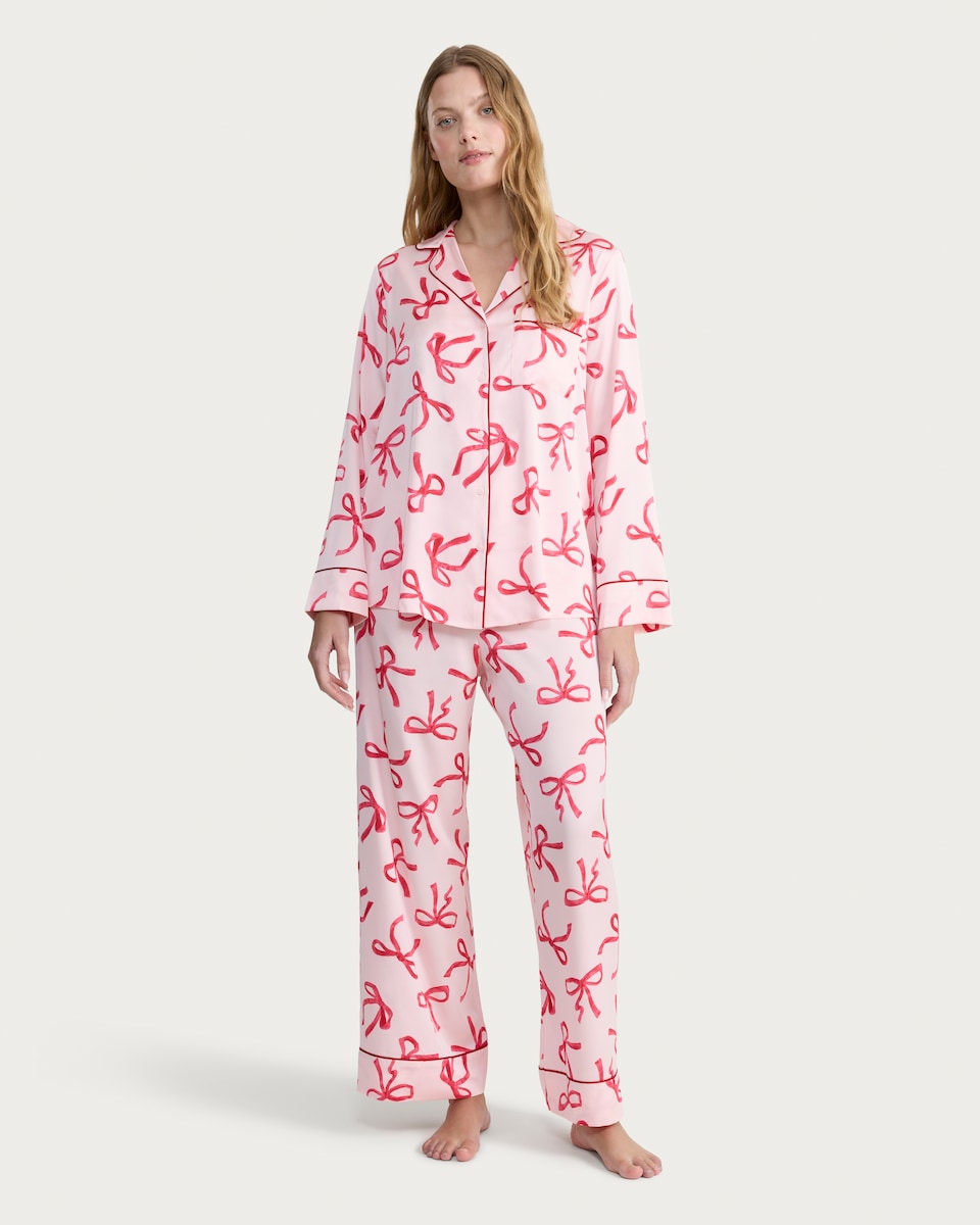 image 1 of F&F Satin Bow Print Shirt and Trousers Pyjamas in Pink