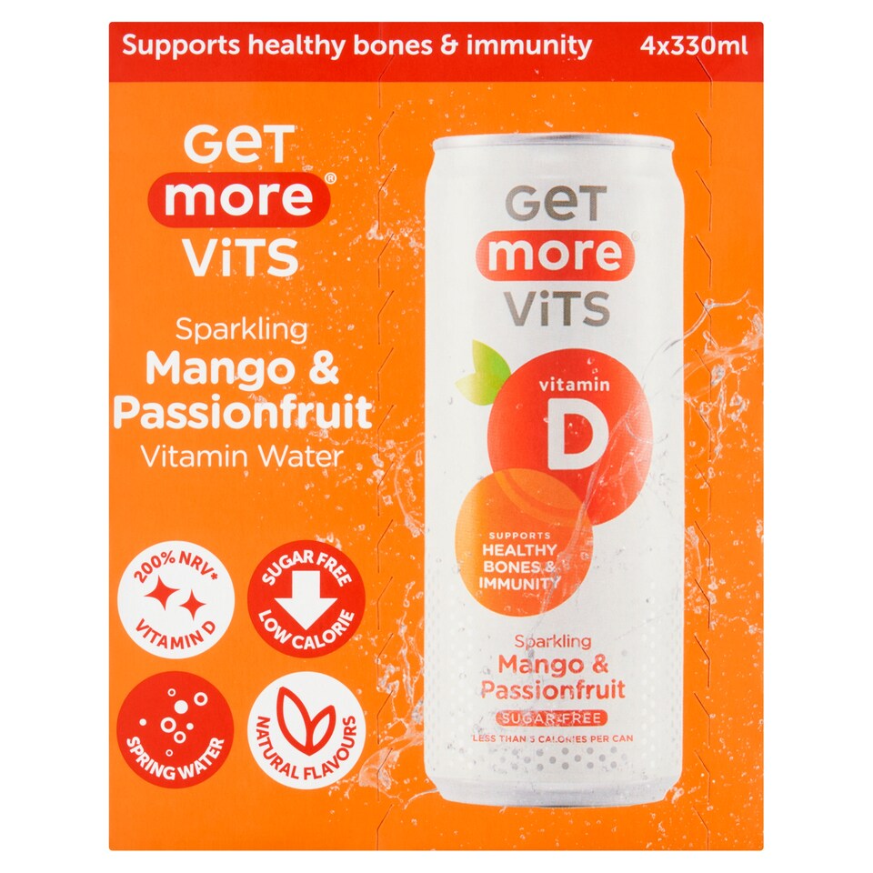 Get More Vits Vitamin D Sparkling Mango & Passionfruit 4x330ml