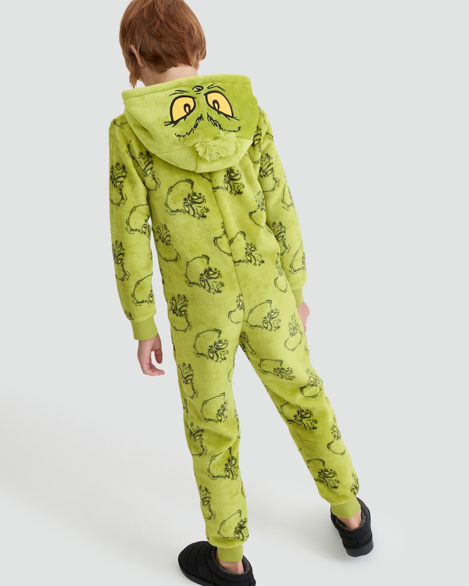 image 1 of The Grinch Fleece Printed Zip Up Onesie in Green