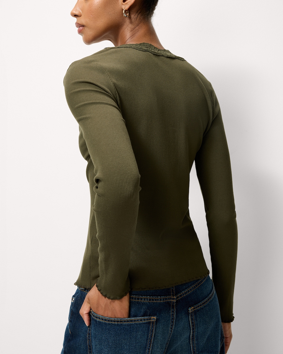image 1 of F&F Lace Trim Button Up Top in Olive