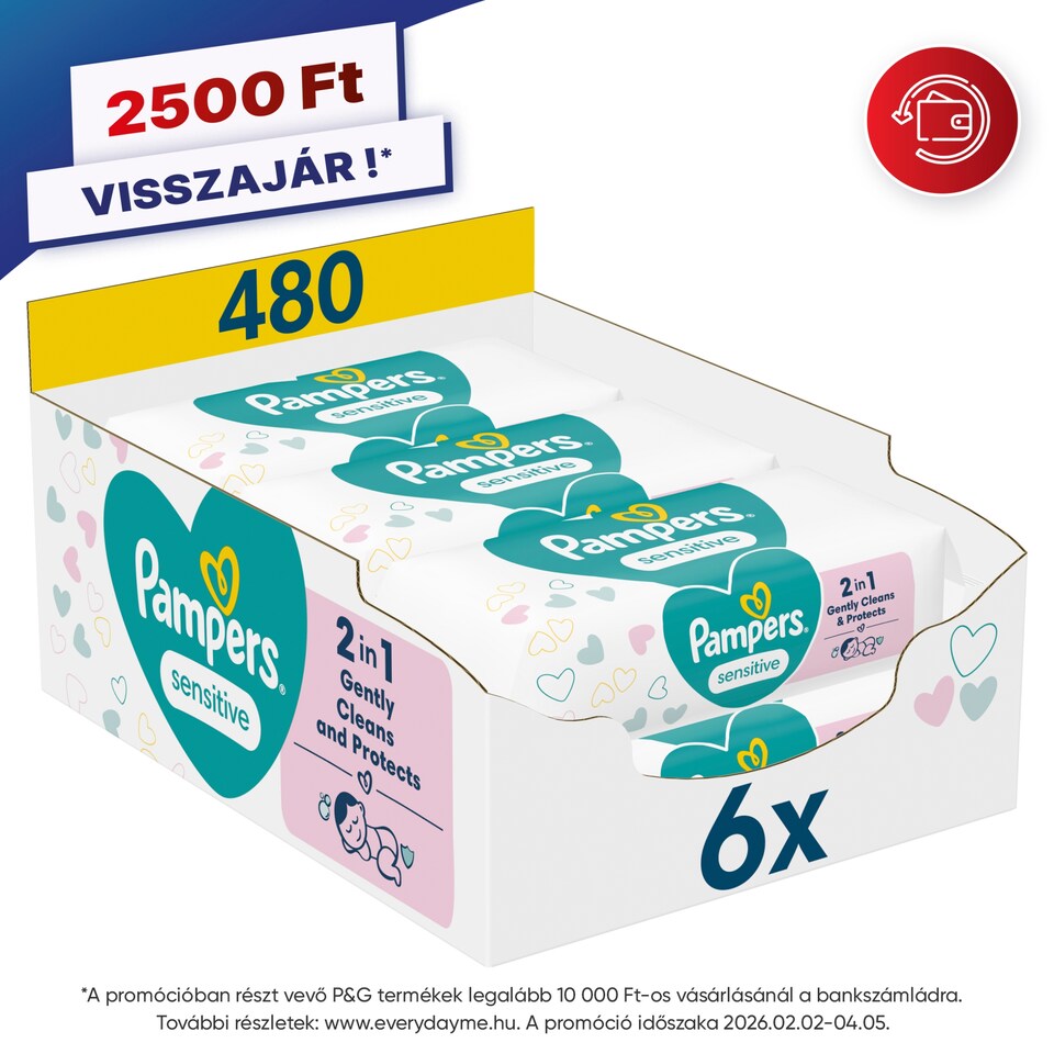Pampers Sensitive Baby Nedves Törlőkendő, 6 Csomag x 80 Törlőkendő = 480 db Baba Nedves Törlőkendő  1. kép