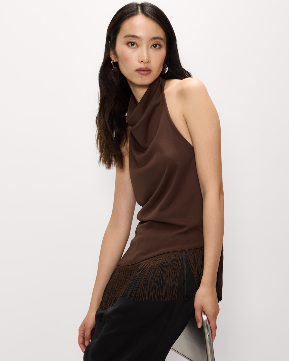 image 1 of F&F Sleeveless Halter Neck Fringed Top in Brown