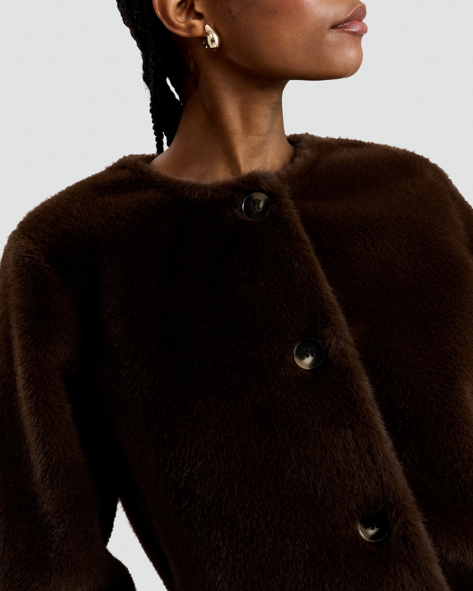 image 1 of F&F Faux Fur Cropped Buttoned Jacket in Brown