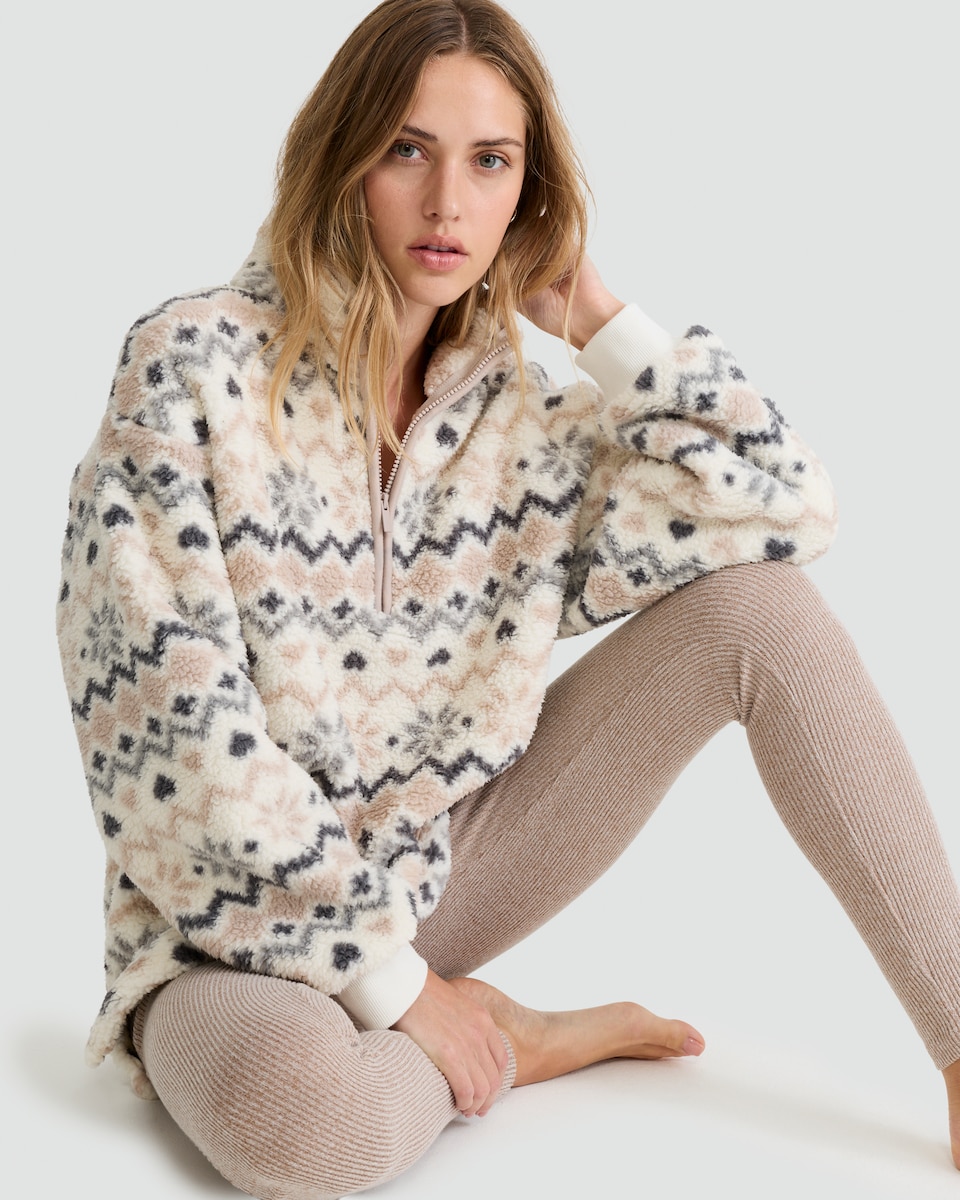 image 1 of F&F Borg Fair Isle Half Zip Jumper and Ribbed Leggings Pyjama in Cream