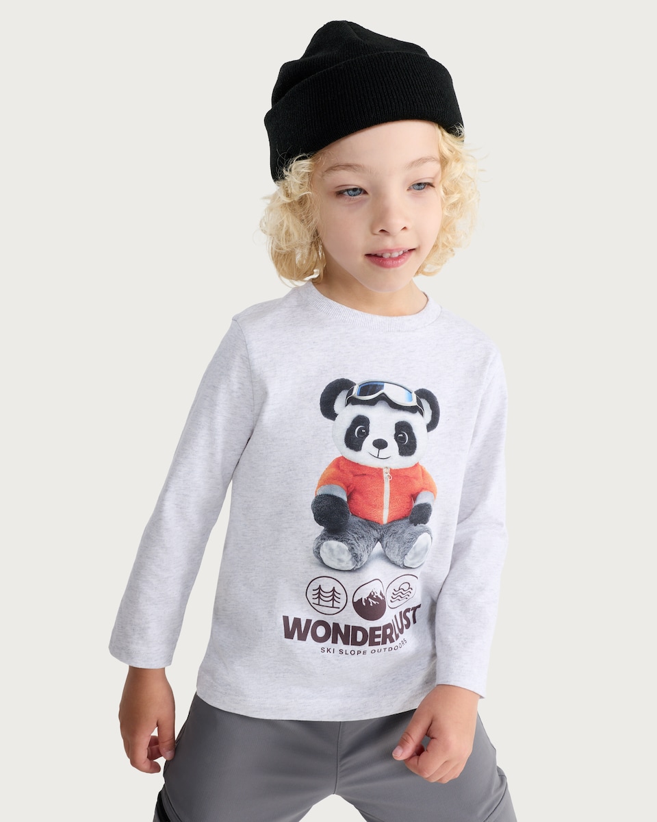 image 1 of F&F Boys Pure Cotton Wonderlust Panda Long Sleeved Top in Grey Marl