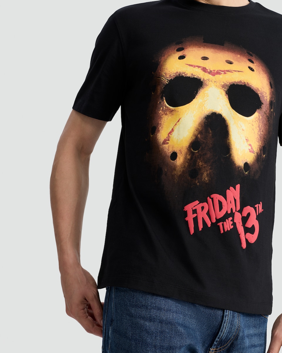 image 1 of F&F Pure Cotton Friday the 13th Jason Mask Print T-Shirt in Black