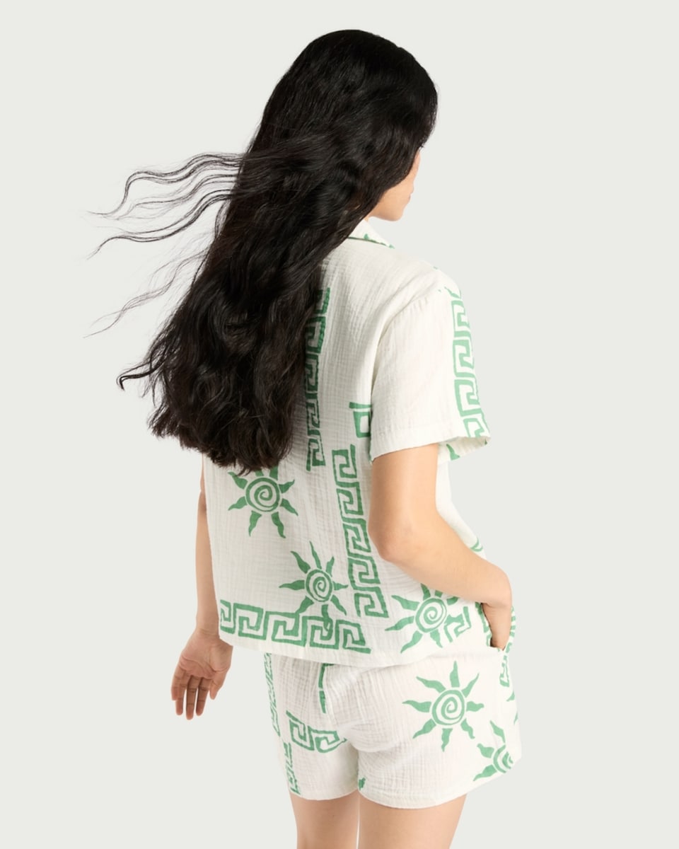 image 1 of F&F Pure Cotton Double Cloth Sun Print Shirt and Shorts Pyjama Set in Multi Green