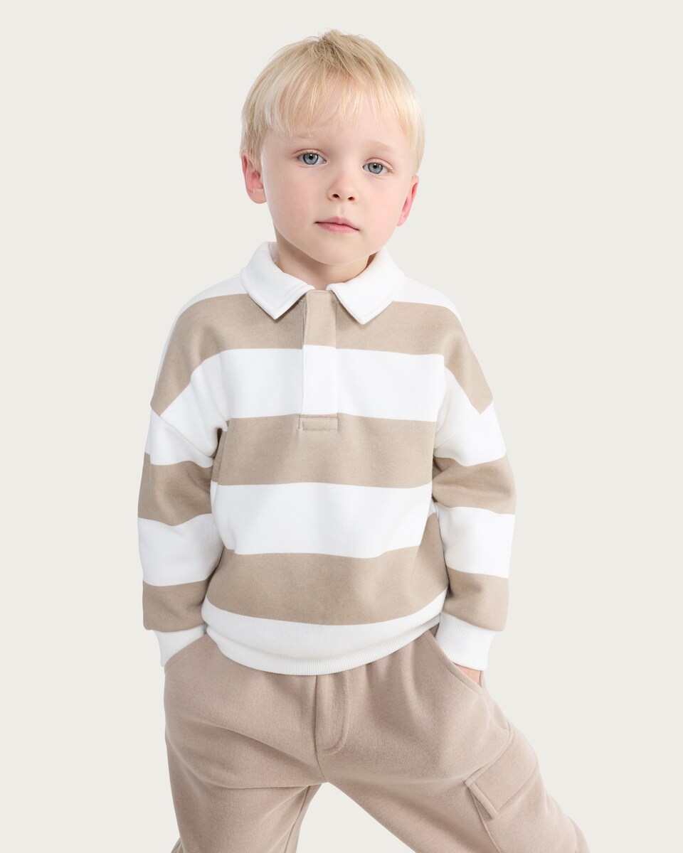 image 1 of F&F Boys Cotton Rich Stripe Print Rugby Sweatshirt in Stone