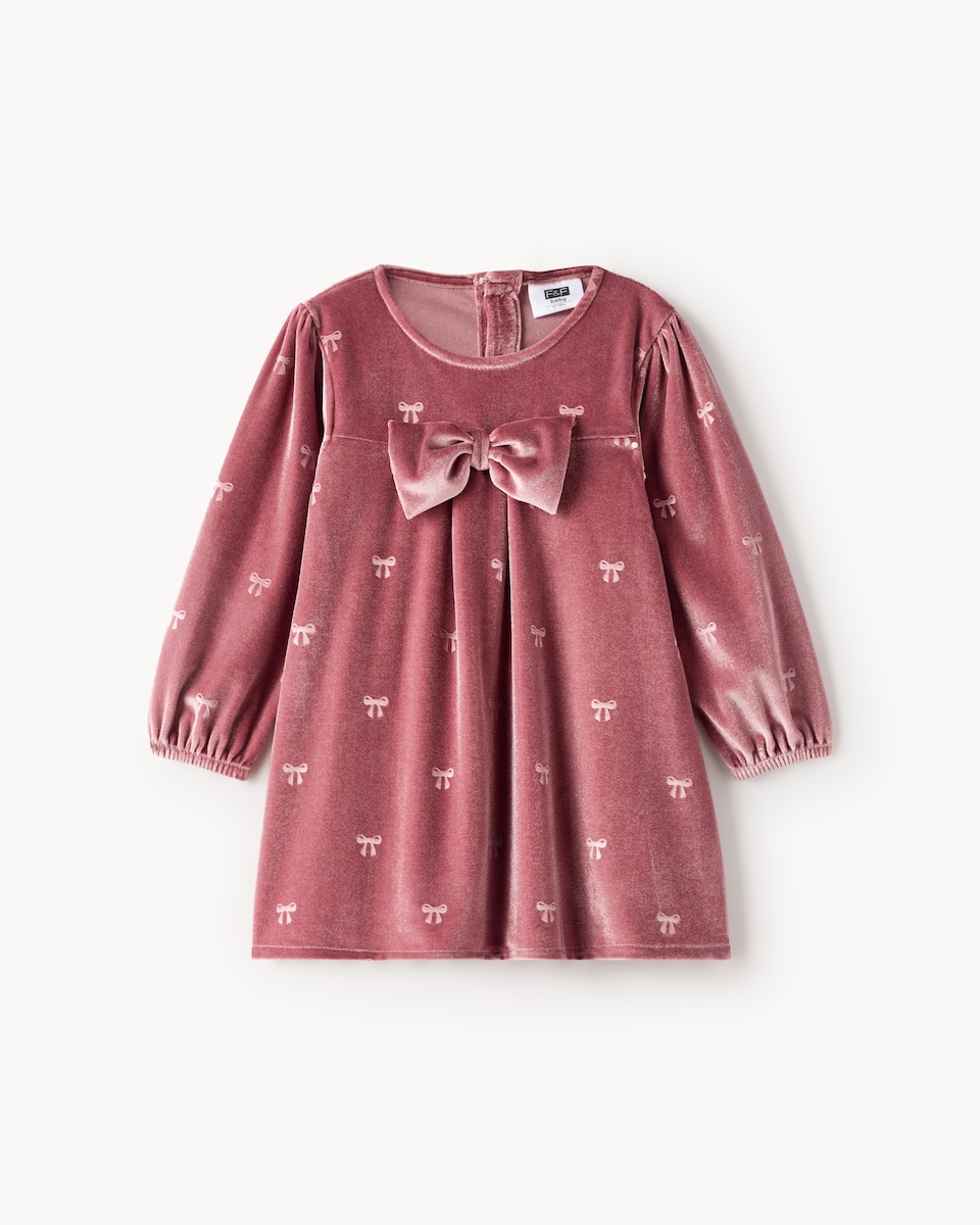 image 1 of F&F Baby Velvet Bow Print Dress in Pink