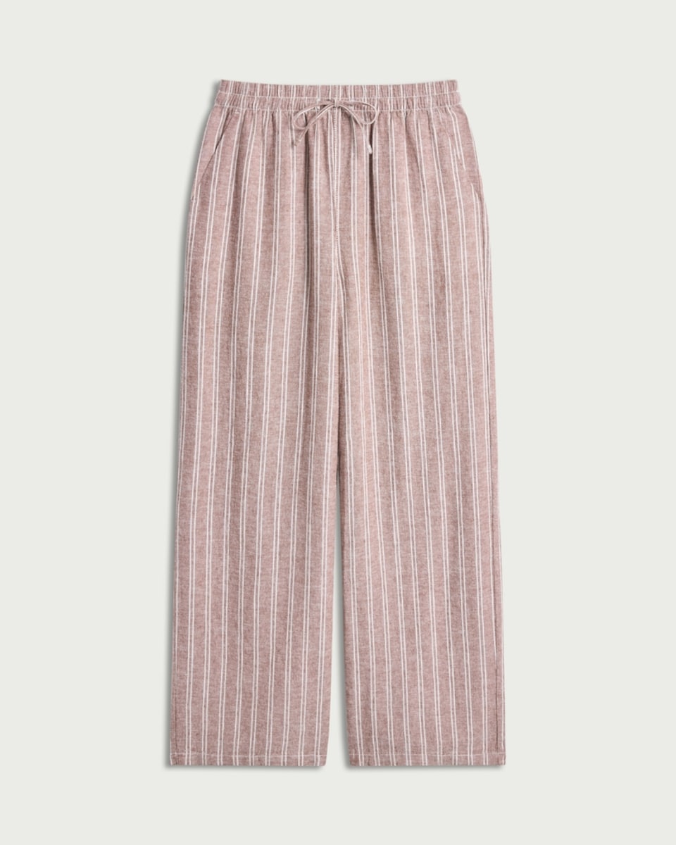 image 1 of F&F Linen Rich Striped Wide Leg Drawstring Trousers in Brown