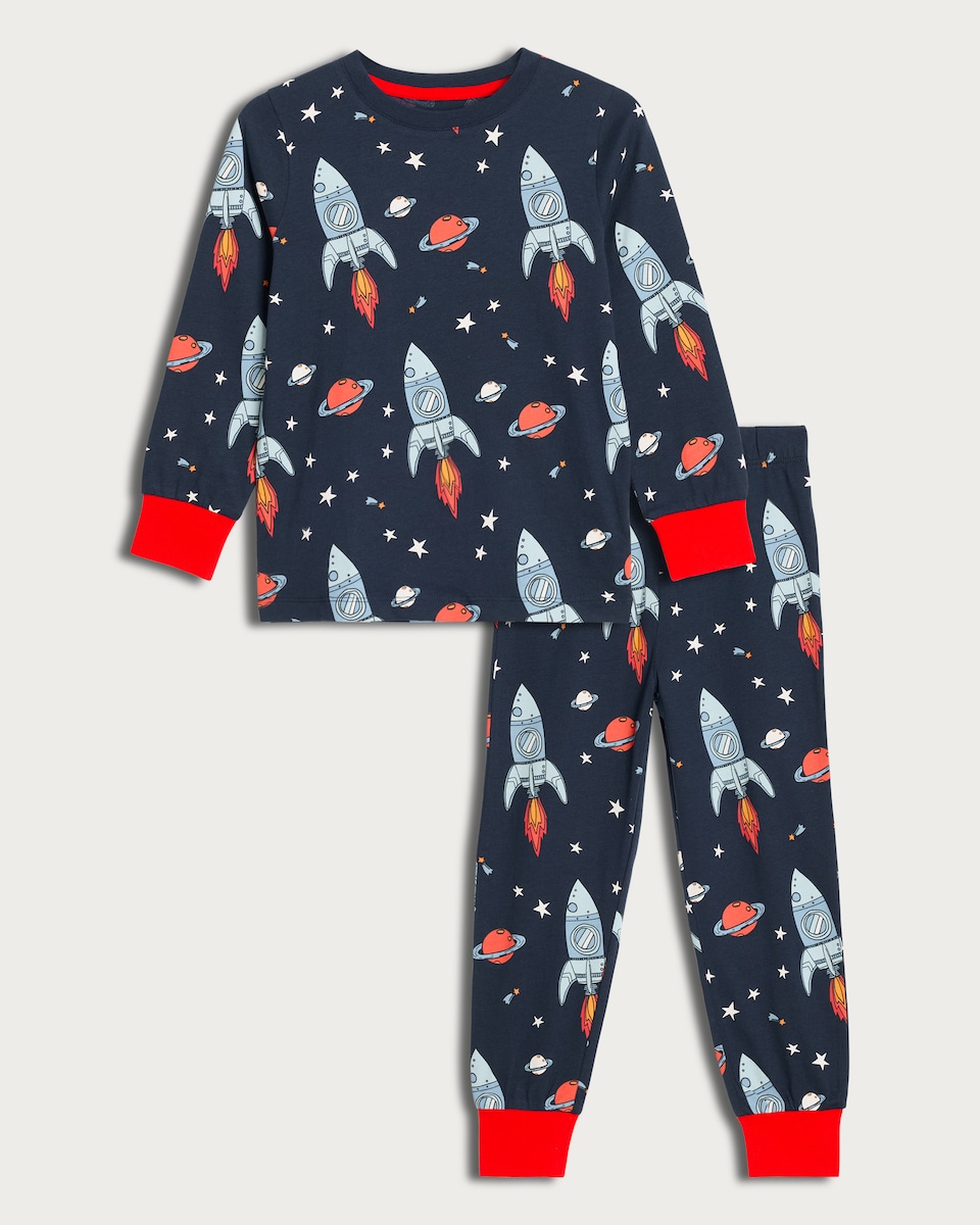 F&F Boys Pure Cotton Rocket Print Pyjama Set in Multi