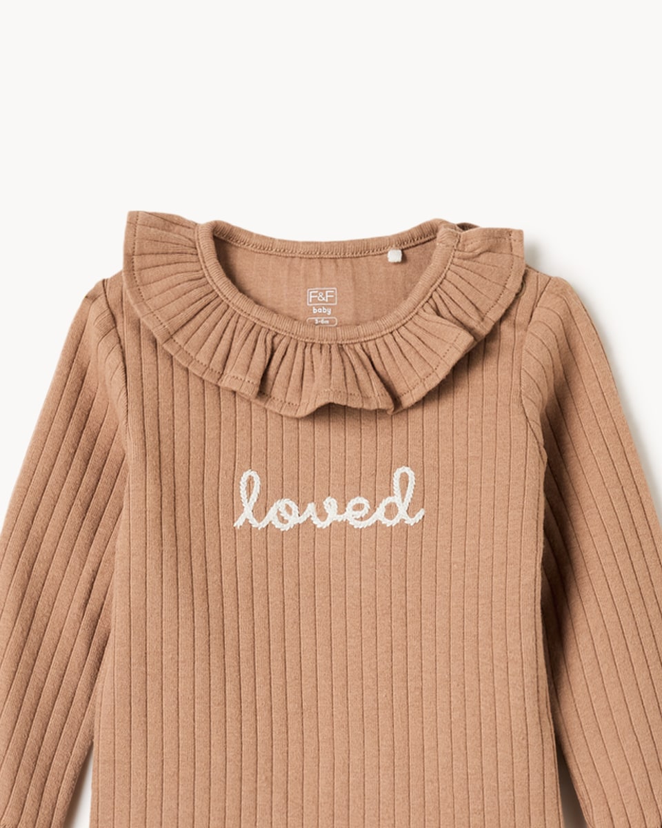 image 1 of F&F Baby Faux Fur Jacket, Ribbed Top and Leggings Set in Tan