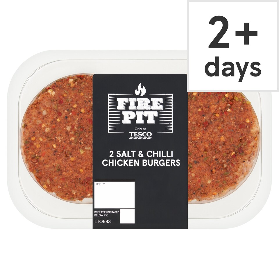 Tesco Fire Pit 2 Salt & Chilli Chicken Burgers 360g. Tesco Groceries