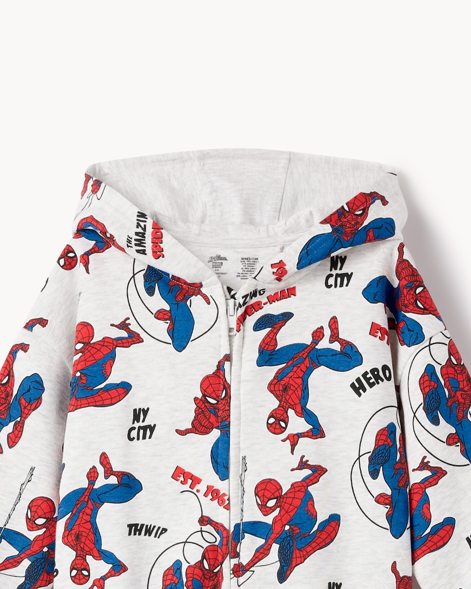 image 1 of Marvel Spider-Man Cotton Rich Zip Up Hoodie in Grey Marl