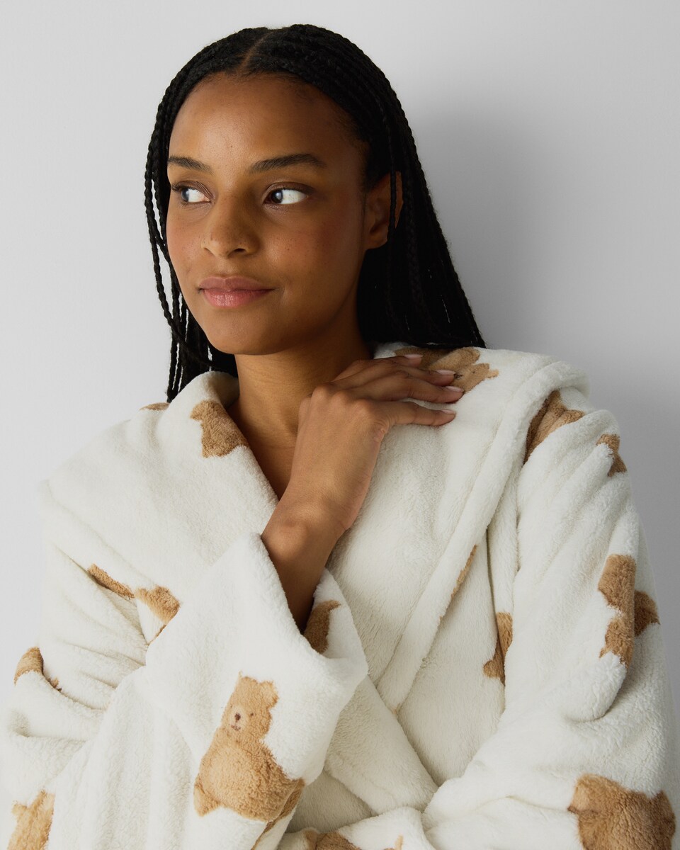 image 1 of F&F Fleece Teddy Hooded Dressing Gown in Cream