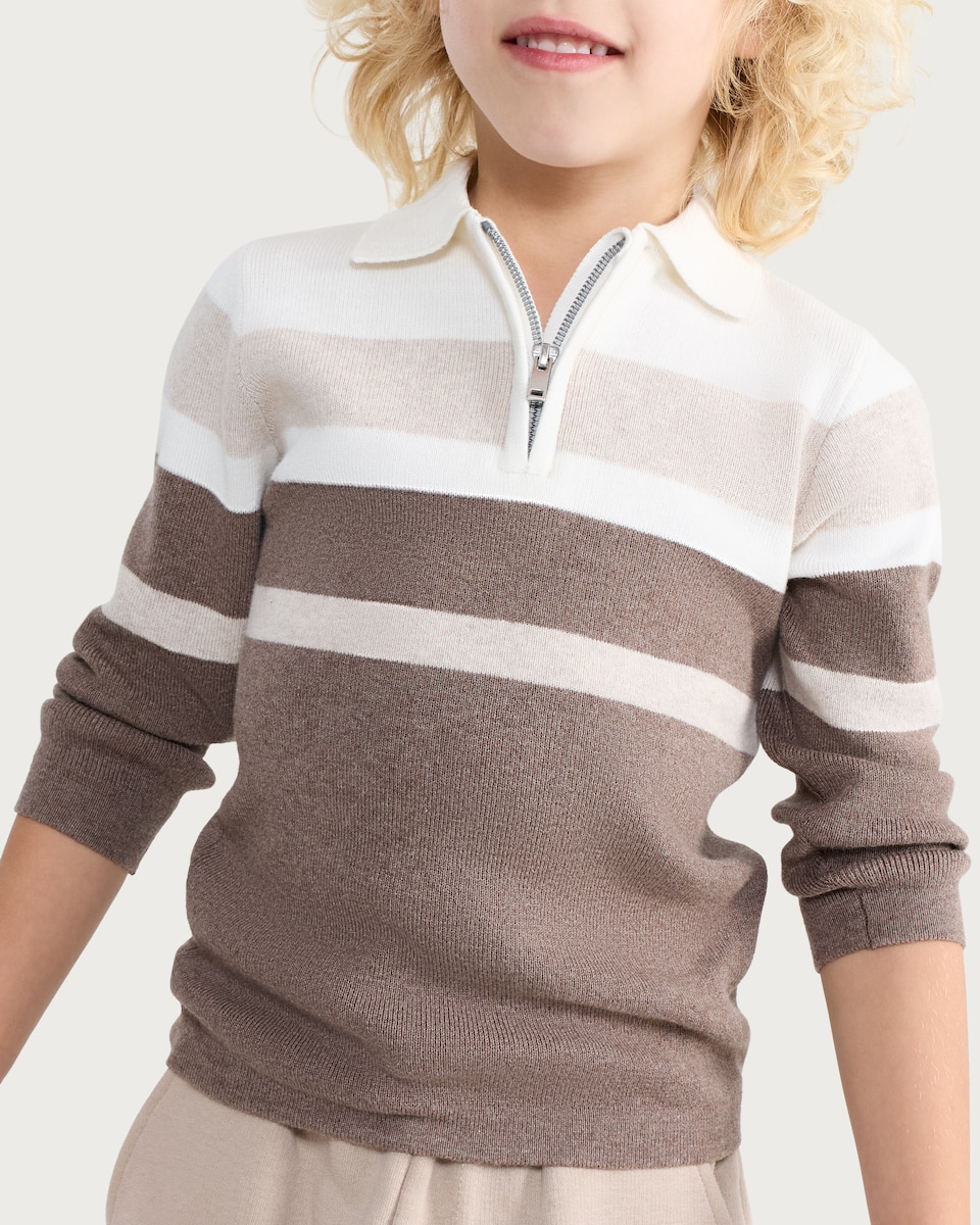 image 1 of F&F Boys Cotton Rich Colour Block Half Zip Polo Top in Mink
