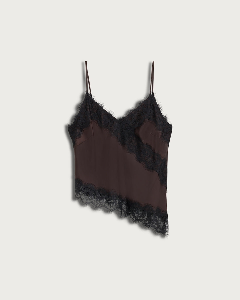 F&F Satin Lace Trim Asymmetric Hem Co-ord Cami Top in Chocolate