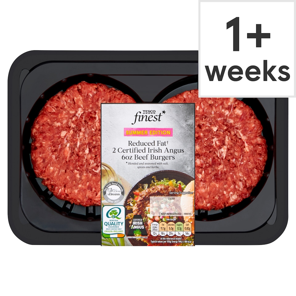 Tesco Finest Reduced Fat Irish Angus 6Oz Beef Burgers 340G
