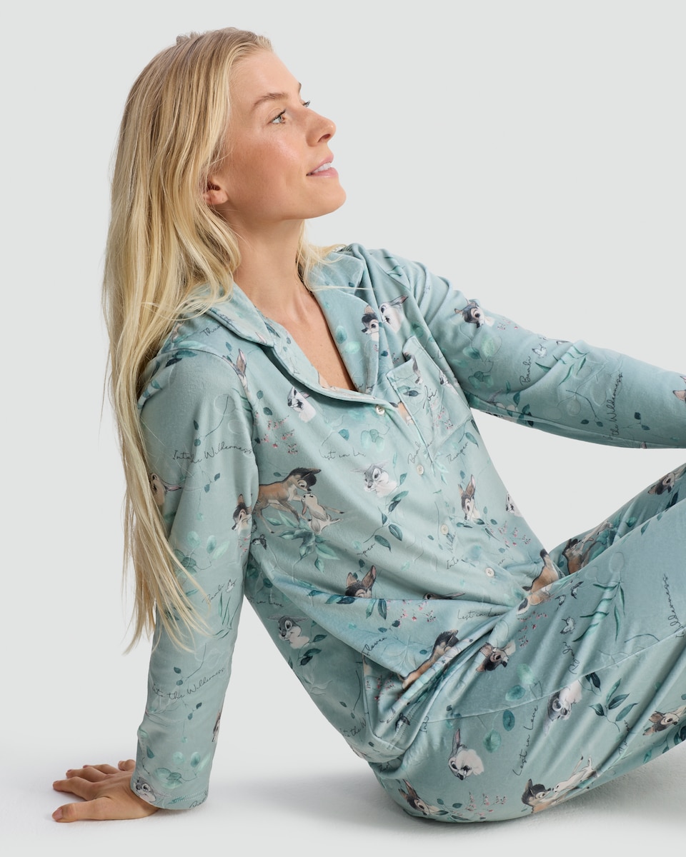 image 1 of Disney Bambi Print Revere Shirt and Trousers Fleece Pyjama Set in Multi Green