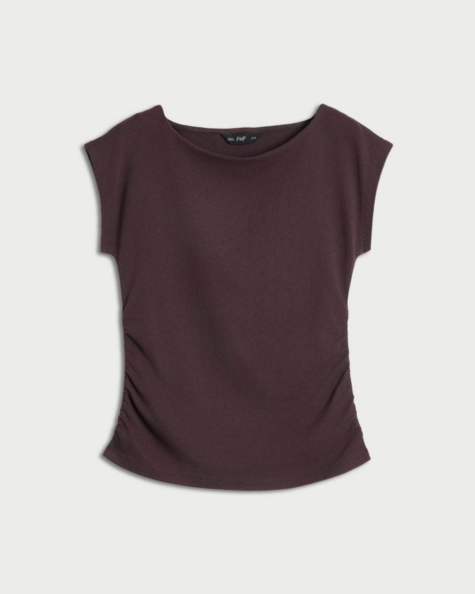 image 1 of F&F Cotton Rich Ruched Side Cap Sleeved Top in Chocolate