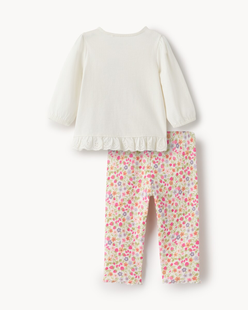 image 1 of F&F Baby 2-Piece Cotton Rich Bunny Floral Top and Leggings Set in Cream