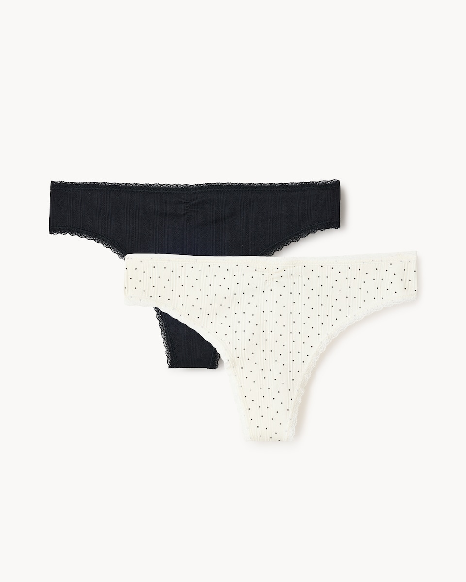 image 1 of F&F 2-Pack Ribbed Pointelle Lace Trim Thongs in Multi