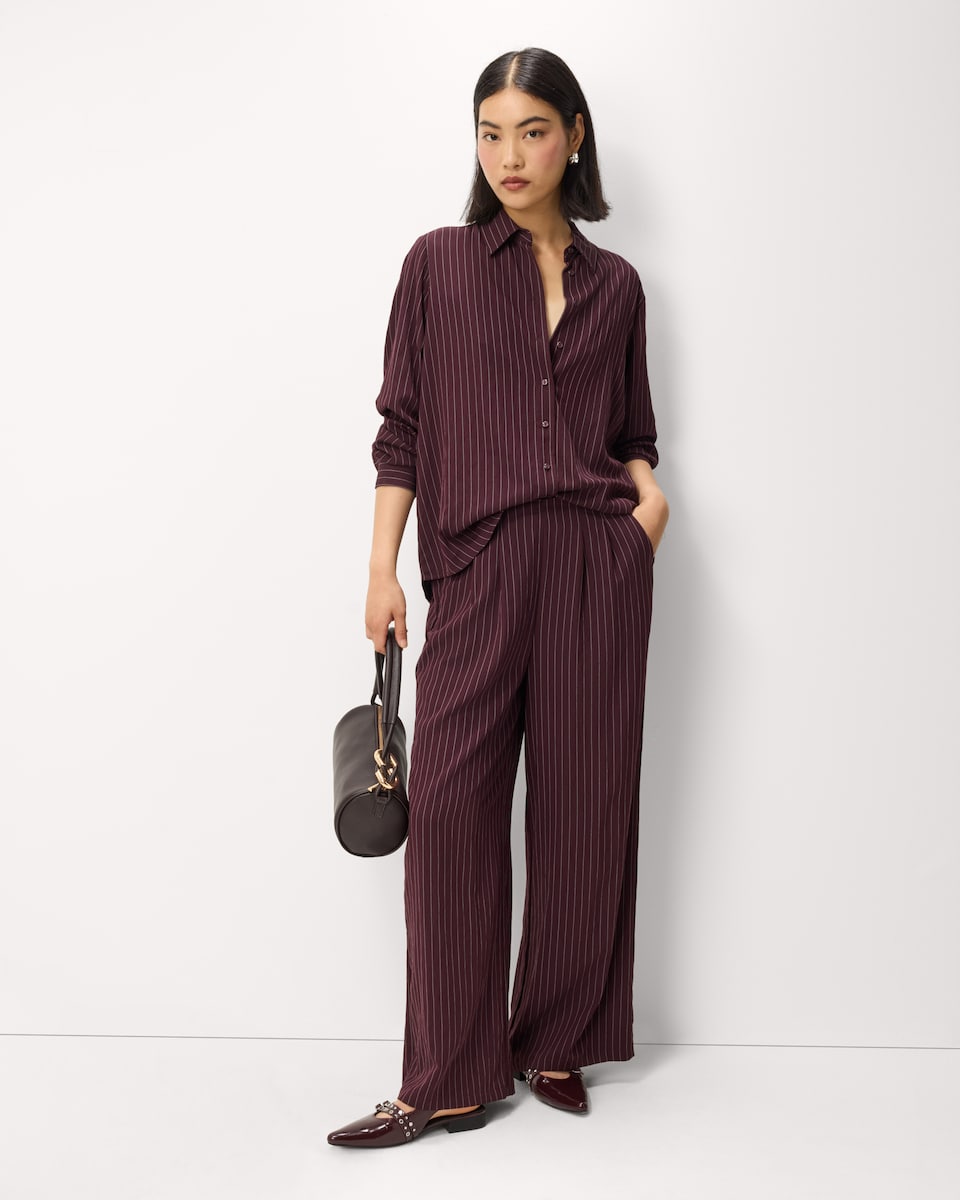 image 1 of F&F Pleated Pinstripe Wide Leg Trousers in Purple