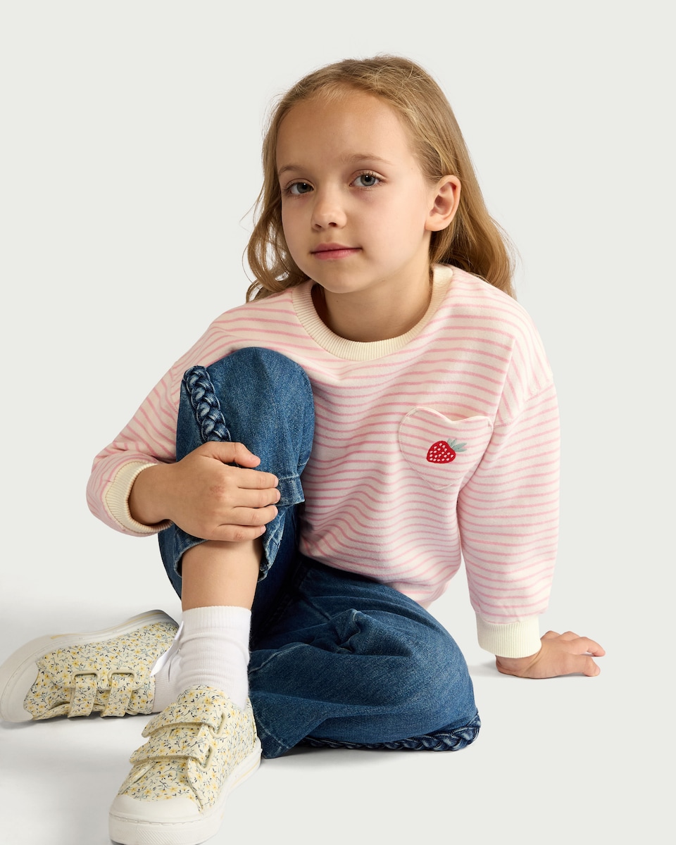 image 1 of F&F Girls Pure Cotton Striped Sweatshirt in Cream