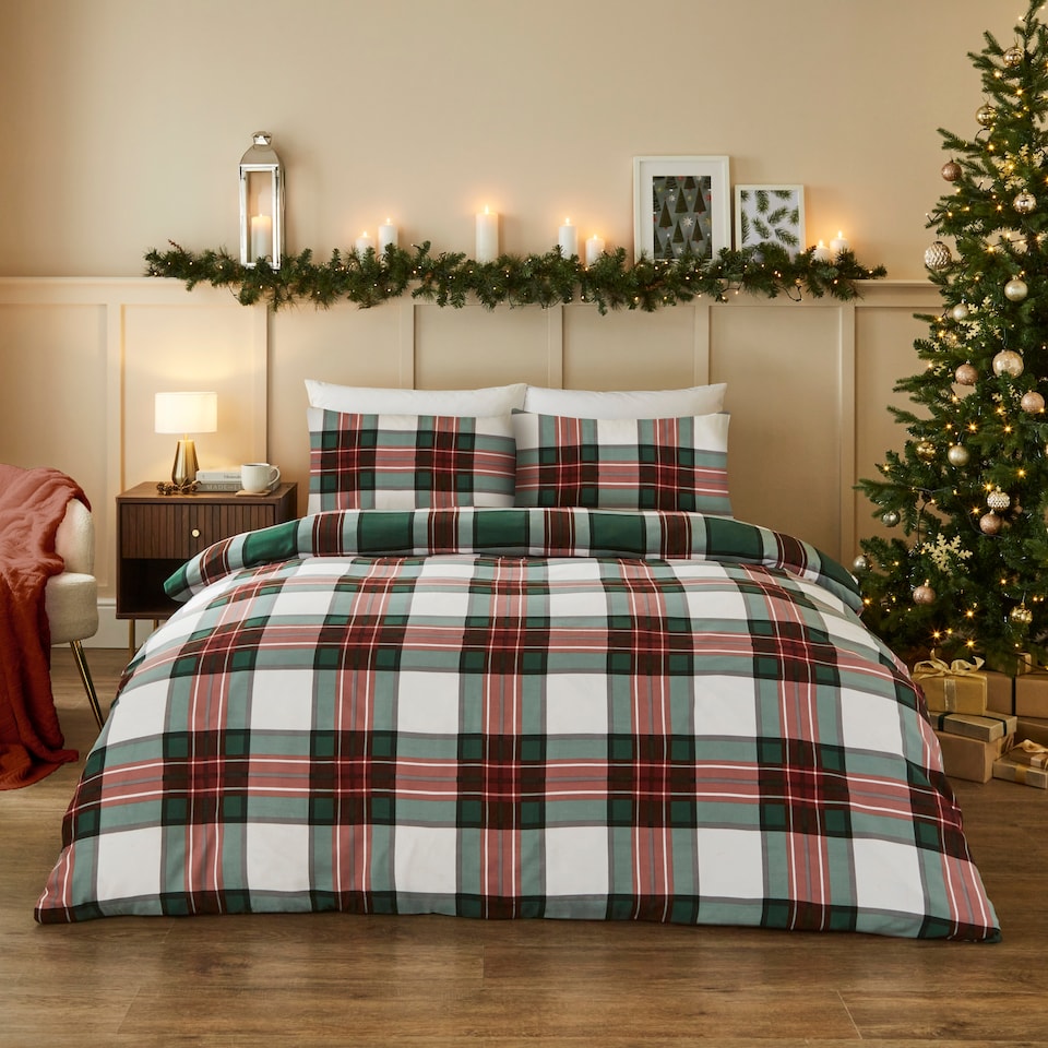 image 1 of Silentnight Brushed Green Tartan Duvet Set King