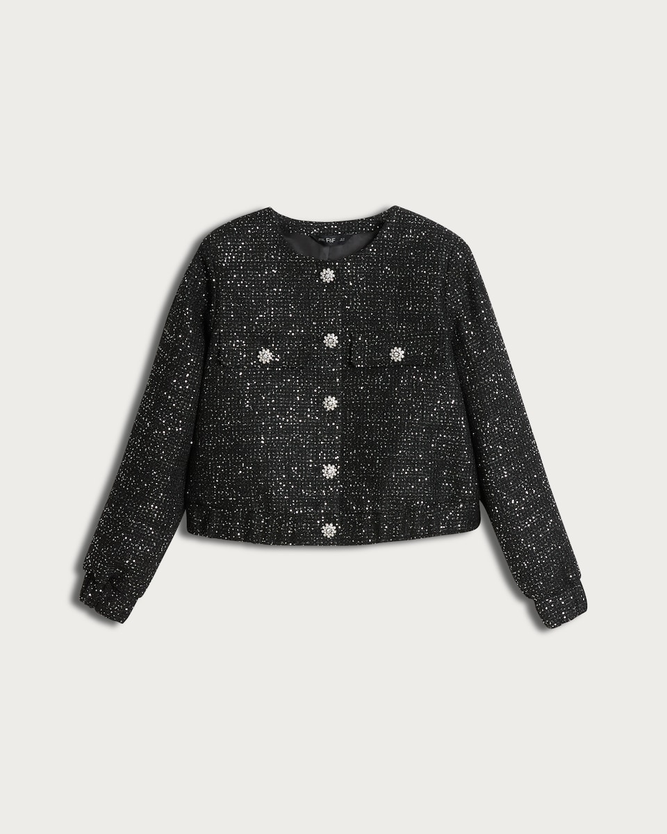 image 1 of F&F Boucle Sequin Embellished Button Front Co-ord Jacket in Black
