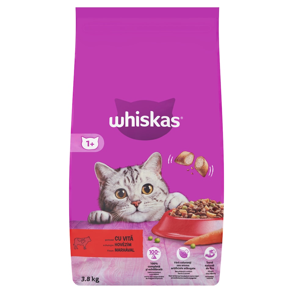 Whiskas 1+ teljes értékű szárazeledel felnőtt macskák számára marhával 3,8 kg  1. kép