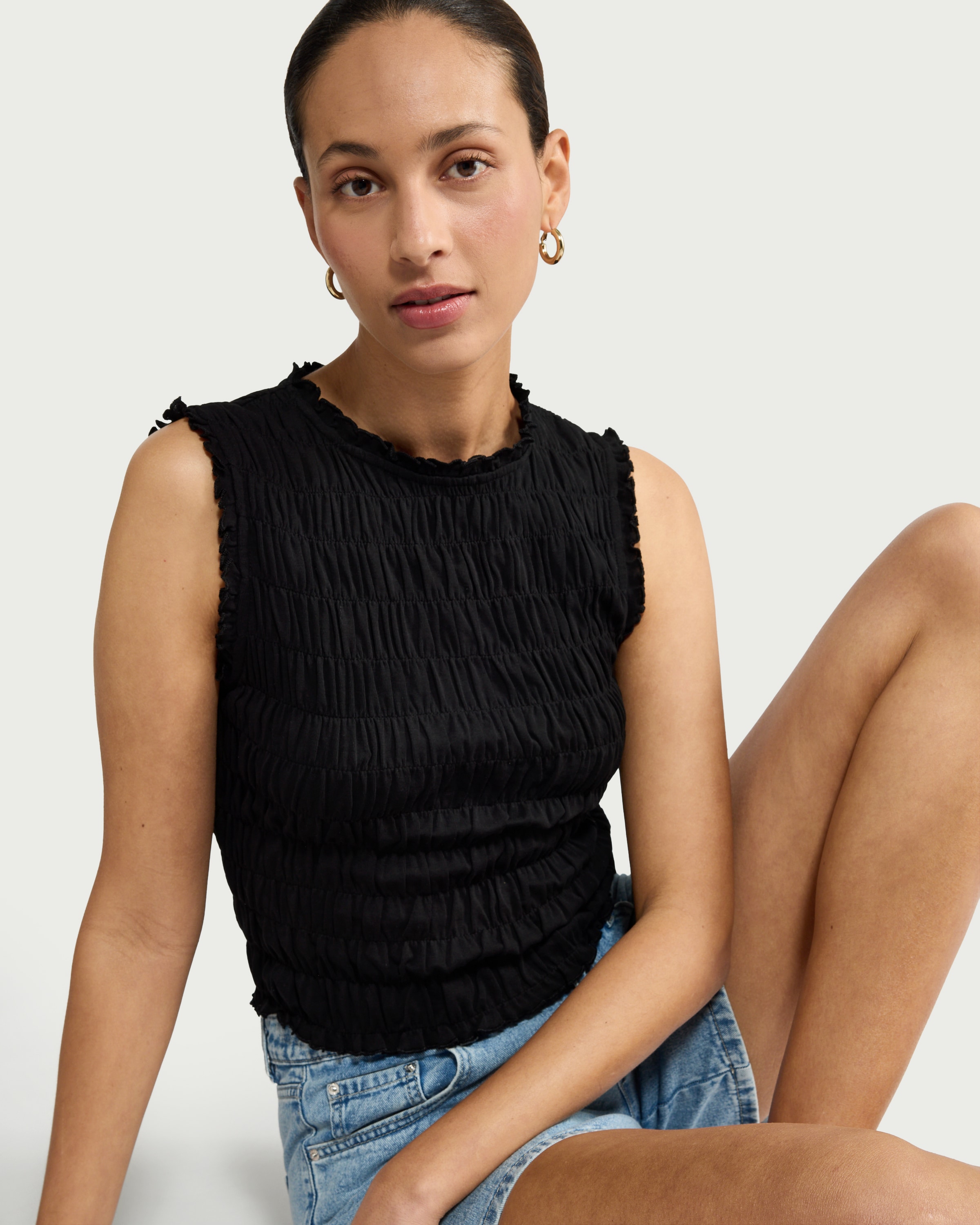 F&F Pure Cotton Smocked Vest in Black
