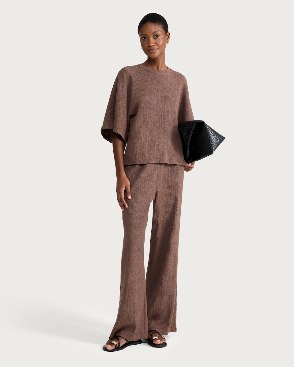 image 1 of F&F Cotton Rich Crinkle Textured Cape Co-ord Top in Chocolate