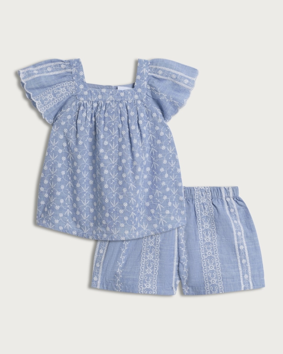 image 1 of F&F Baby Pure Cotton Embroidered Top and Shorts Set in Blue
