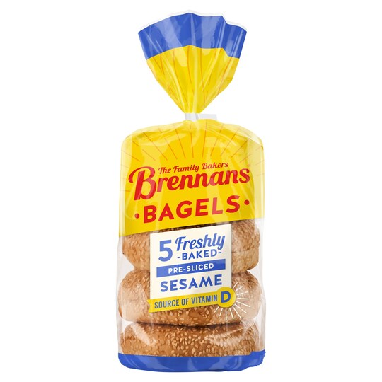 Brennans 5 Pre Sliced Sesame Bagels 450G Tesco Groceries