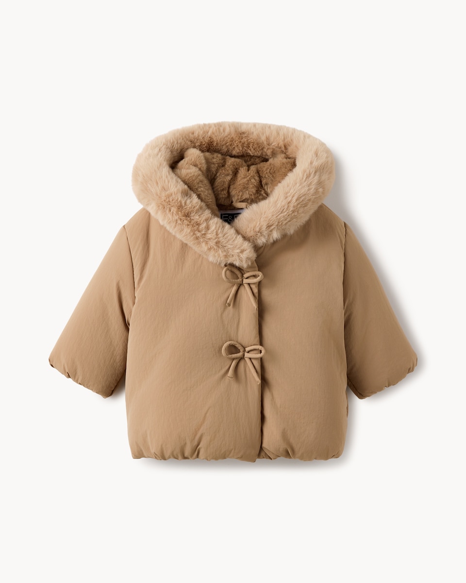 image 1 of F&F Baby Bow Detail Faux Fur Hooded Jacket in Stone